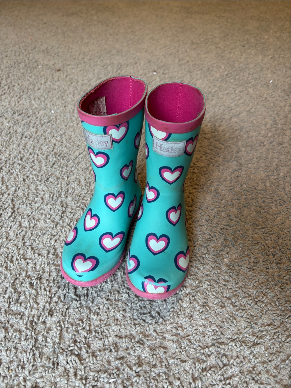 Hatley Teal Rain Boots with Pink Heart Pattern and Magenta Boot Liners